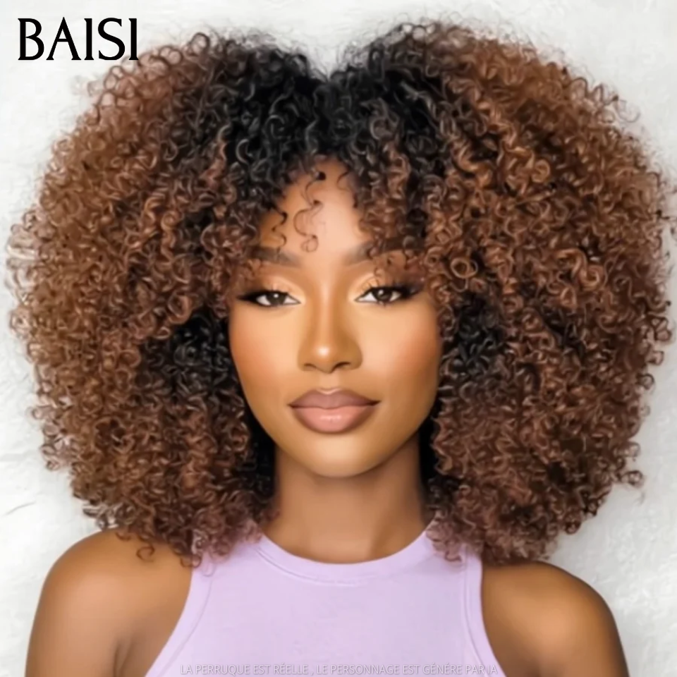 BAISI Perruque 100% identique BOB Prêt-à-porter kinky curly avec Frange 14 Pouces 400% Volume Super ébouriffée couleur Marron 1BT4# sans Colle Aéré sans être chaud en 100% Cheveux Humains