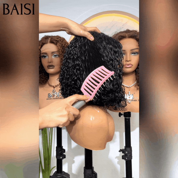 BAISI 4X4 Perruques de Luxe curly Wave double drawn mèches vièges volume 250% densité  14 Pouces en couleur Marron ou NOIR en 100% Cheveux Humains