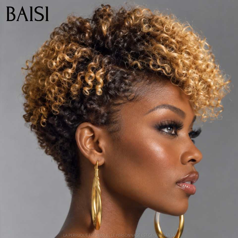 BAISI pour revendre 2 perruques 88€ 13x4 lace pixie Lisse NOIR et sans Colle curly wave Miel en 100% vrais cheveux humains