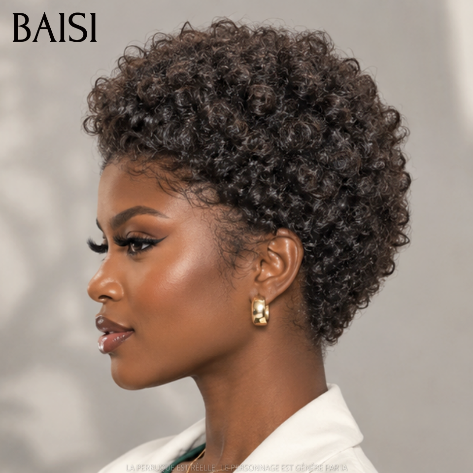 BAISI pixie afro encaracolado preto sem lace, feito à máquina, 40€ Metade do Preço ou frontal lace afro 13x4 em 100% cabelo humano MP50