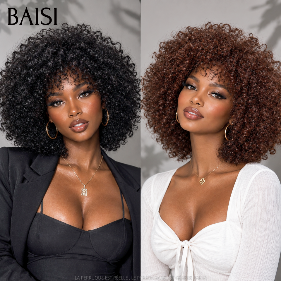 BAISI 2 Perruques 159€ promotion sans lace water wave avec Frange Bouclée Frisée 12 Pouces Volume de 250% Marron et NOIR en 100% Cheveux Humains