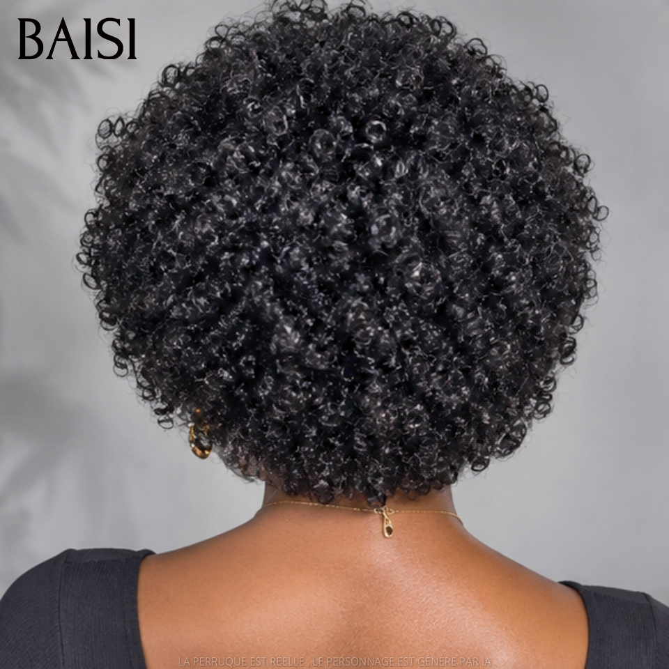 BAISI Perruque afro curly wave avec Frange 10 Pouces BOB Prêt à porter sans lace Fabriqué à la Machine Promotion 79€ NOIR en 100% Cheveux Humains
