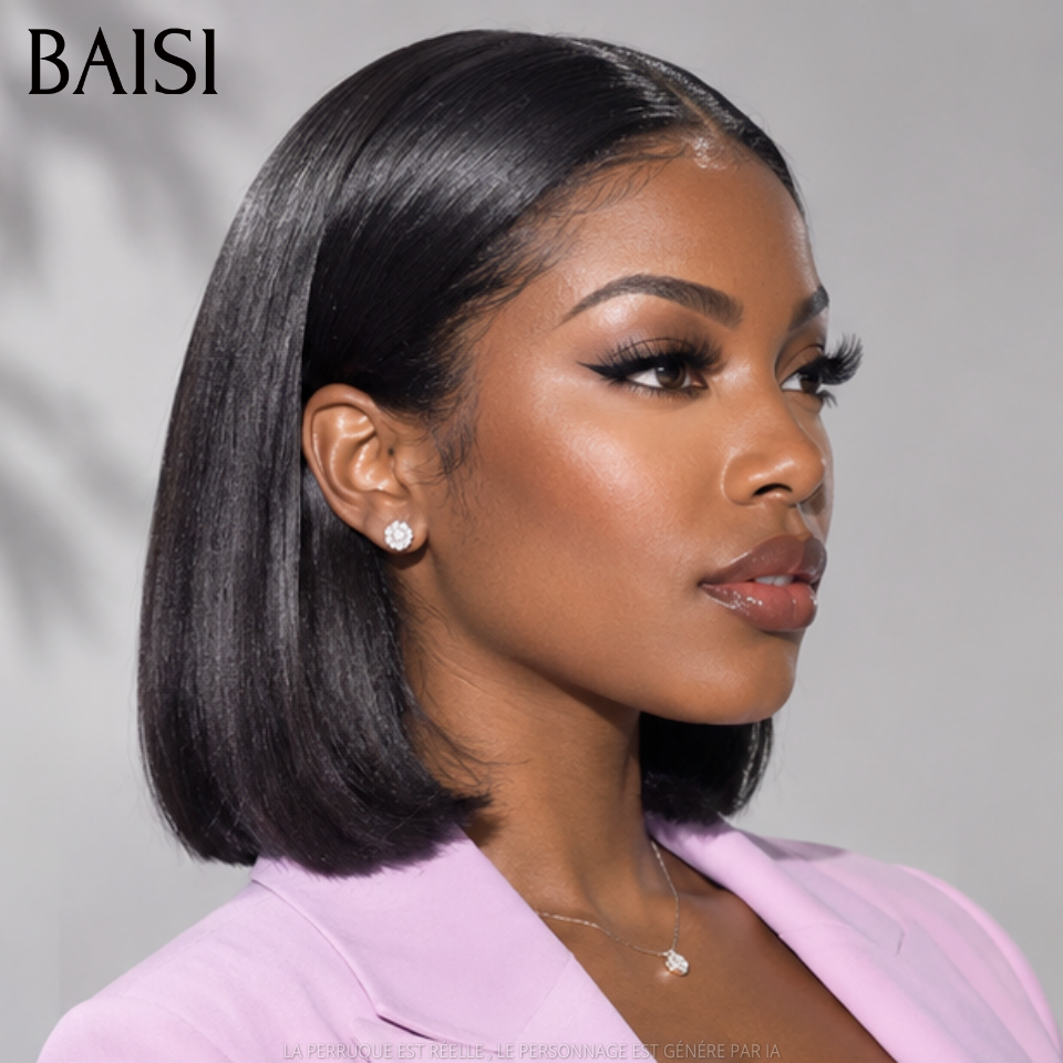 BAISI  Perruque Carrée 13X4  Lisse NOIR BOB Pré-plucked Pas Besoin de Colle en 100% Raw Hair Lace déjà couper