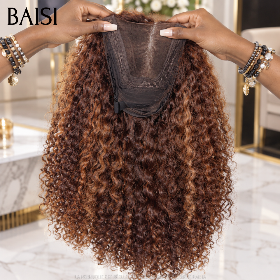 BAISI Closure Lace Perruque Curly Couleur Mixte Miel 4/27#  Disponible en 20Pouces A partir de 146€ Très Bonne Qualité en 100% Cheveux humains