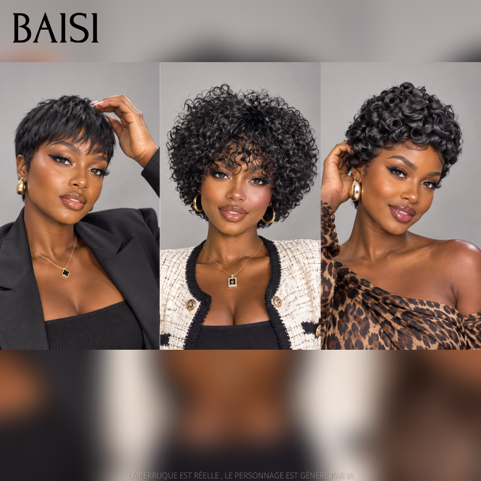 BAISI HAIR FR 3 Perruques 76€ pixie sans colle sans lace En 100% Cheveux Humains