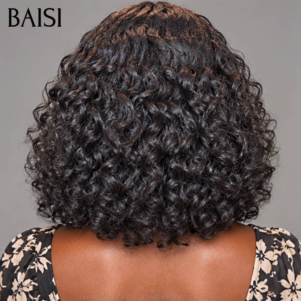 BAISI 4x4 Lace closure Perruque water wave NOIR 12 Pouces avec coiffure tressée natte 300%densité 100% Cheveux Humains