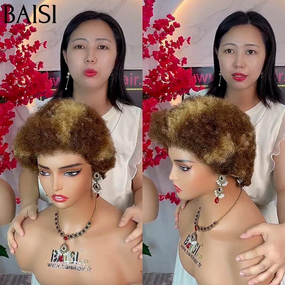 BAISI  13X4 lace perruque pixie lisse ou afro curl en Couleur Marron Mix miel 4#27# F-905 en 100% Vrais Cheveux Humains