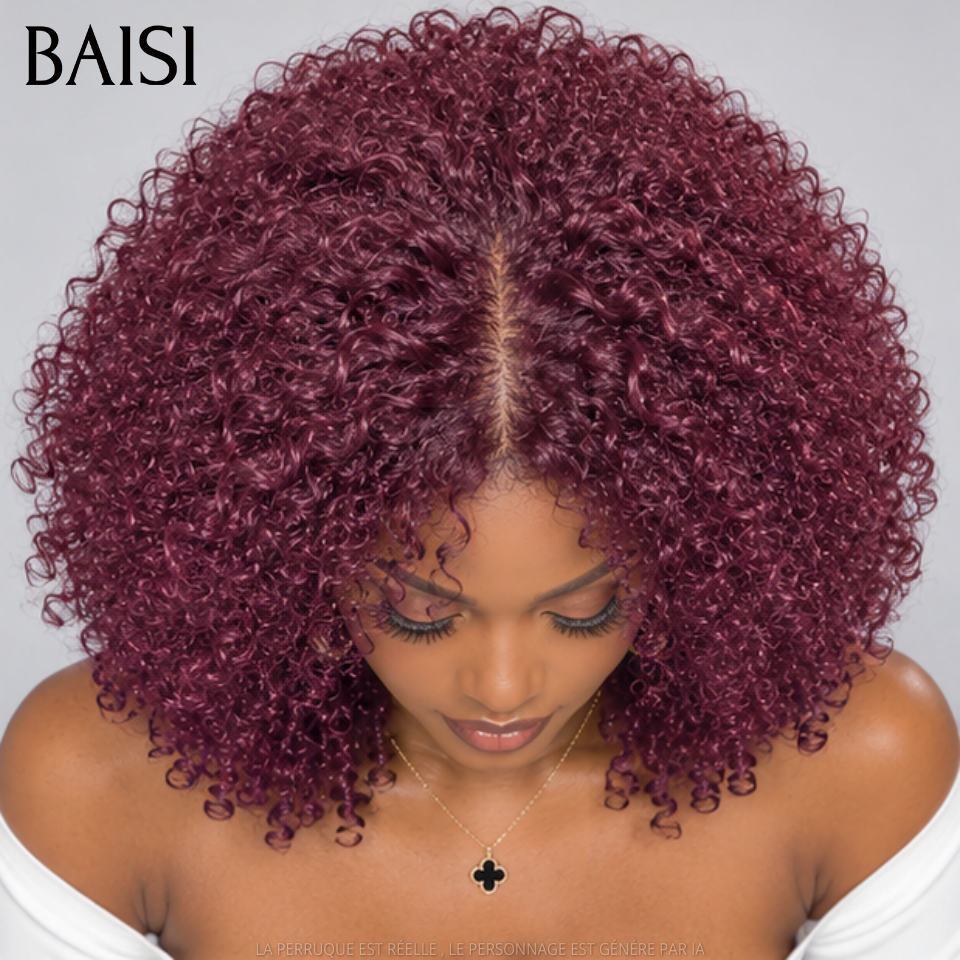 BAISI Perruque curly avec Frange 12 Pouces 85€ couleur 99J# bordeaux sans Colle ou 20 pouces densité 300% 249€ 13x4 lace en 100% Cheveux Humain Hair