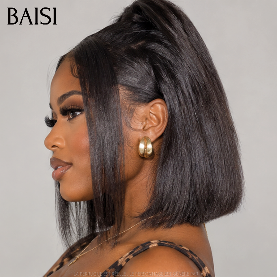 BAISI PROMO 88€ en chignon bun 13X4 lace frontal Perruques kinky straight Sans Colle Lace déjà couper NOIR 10 pouce ou 20 pouces 129€ en 100% vrais cheveux humains