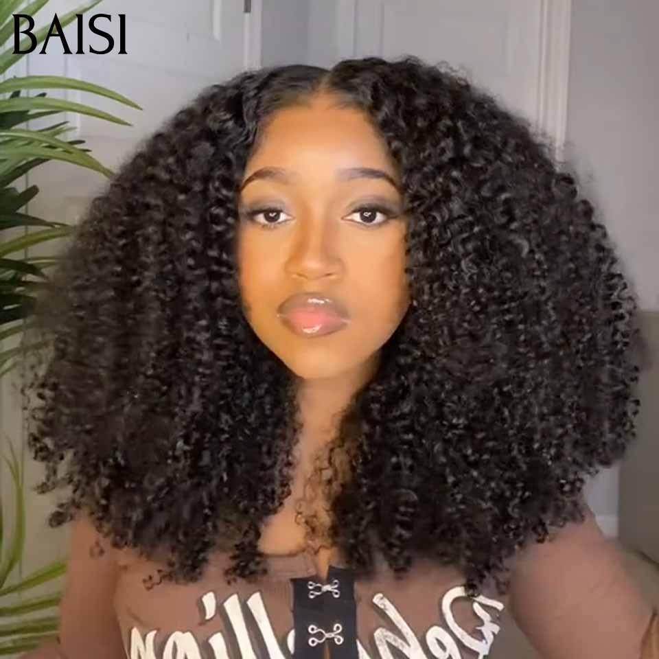 BAISI 13X4 peruca Afro Curly Wave com linha frontal 4C, 16 polegadas, natural, sem cola, 300% densidade, mais de 20 anos de utilização, 100% cabelo humano verdadeiro B