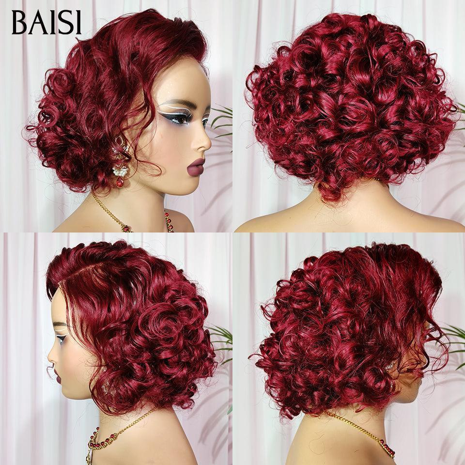 BAISI Peruca 13X4 lace frontal Bob com caracóis em espiral, risca lateral, bordeaux 99J# 66€ em 100% Cabelo Humano