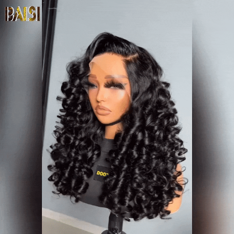 Parrucche di lusso a onde sciolte BAISI 13X4 in colore NERO densità 300% A1 Realizzate con doppio volume di capelli vergini trafilati in capelli umani al 100%