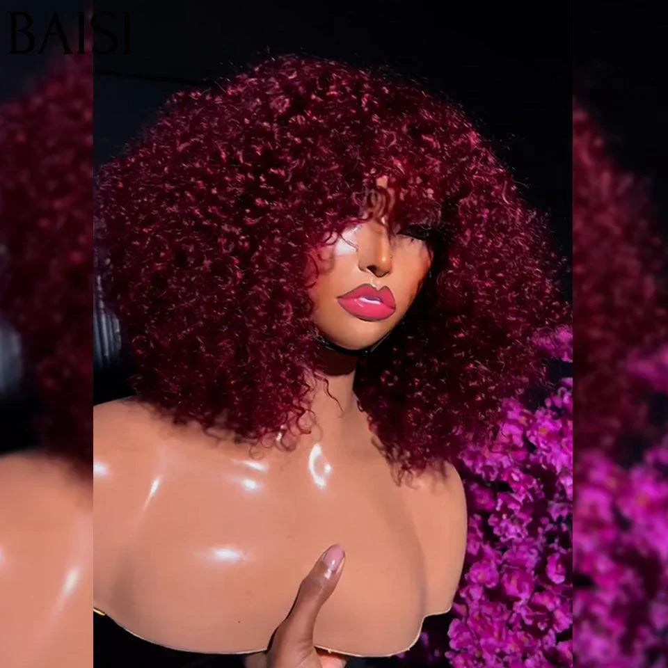 BAISI Peruca Encaracolada Curly Wave com Franja em Vermelho Borgonha #99J