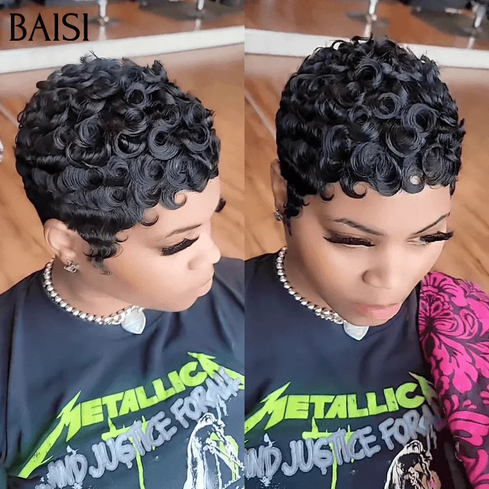 BAISI Offre Flash Aujourd'hui 55€ TVA 0€ Perruques pixie finger wave petite coupe fabriqué à la machine