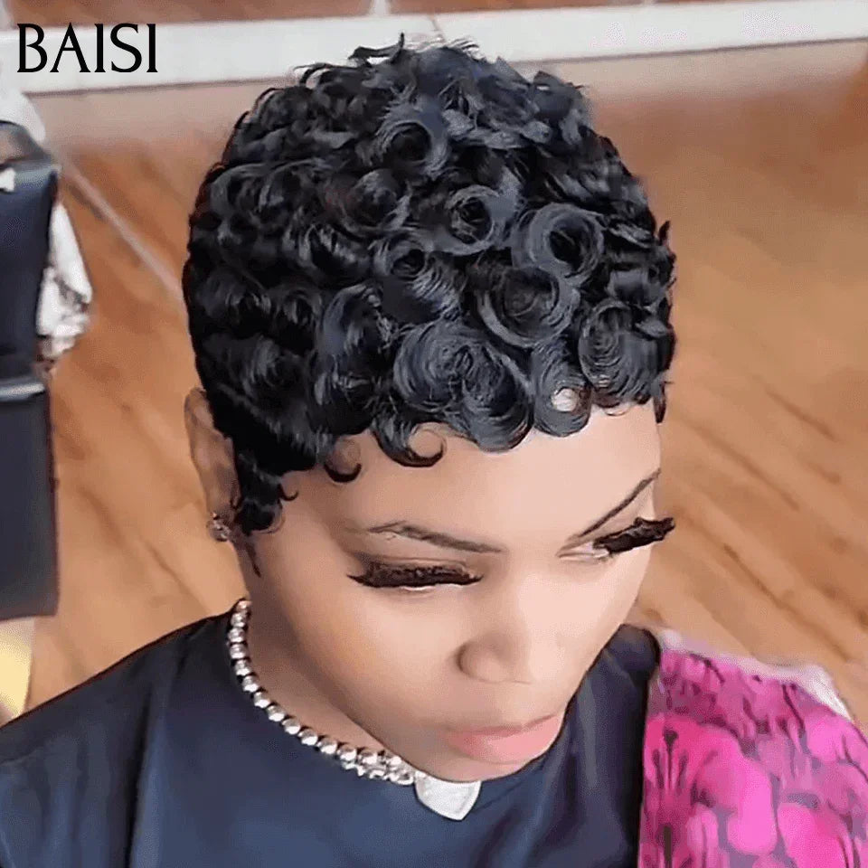 BAISI Offre Flash Aujourd'hui 55€ TVA 0€ Perruques pixie finger wave petite coupe fabriqué à la machine