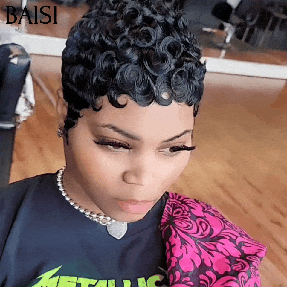 BAISI Offre Flash Aujourd'hui 55€ TVA 0€ Perruques pixie finger wave petite coupe fabriqué à la machine