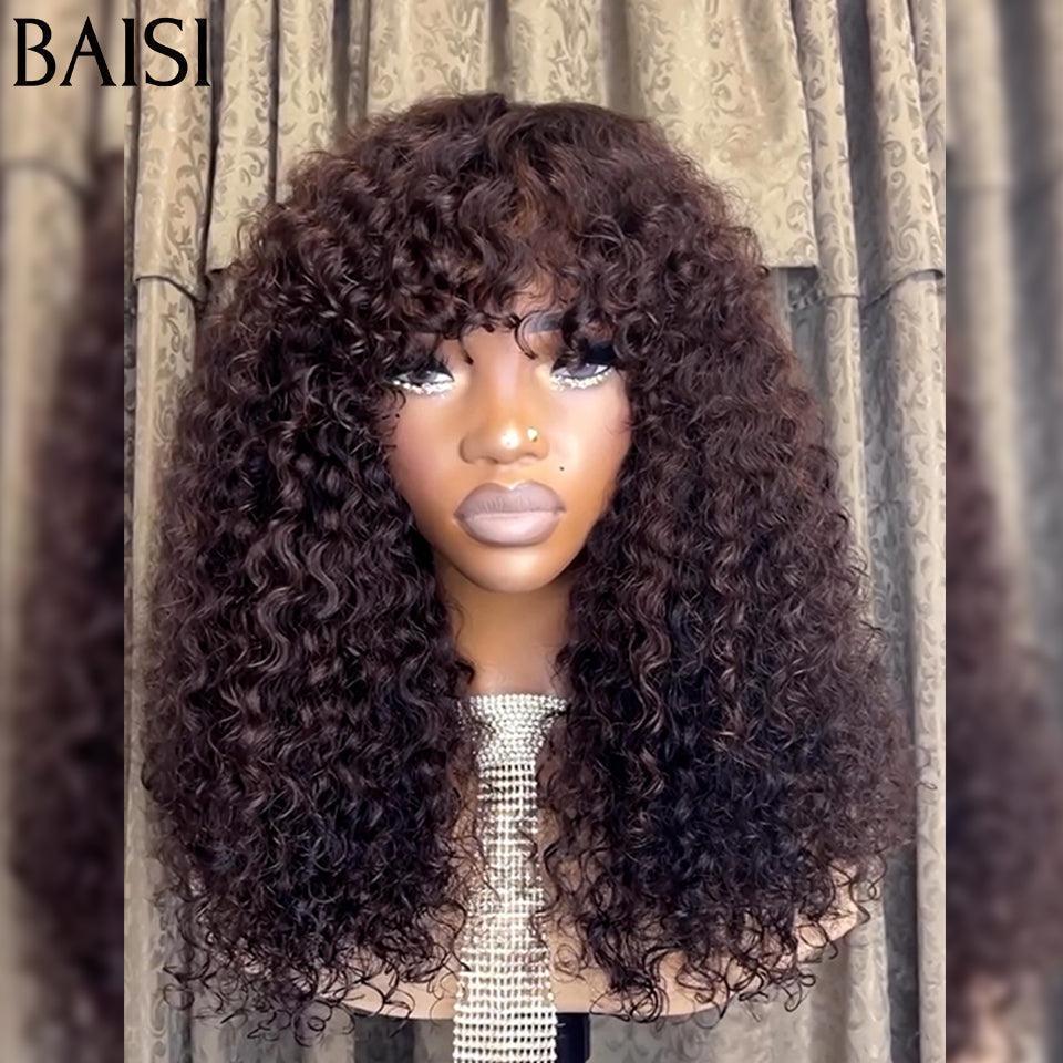 BAISI  Perruque Lisse avec Frange 30# miel ou Bouclée curly Wave avec Frange 18 Pouces 300% densité en Couleur  marron  en 100% Cheveux Humains