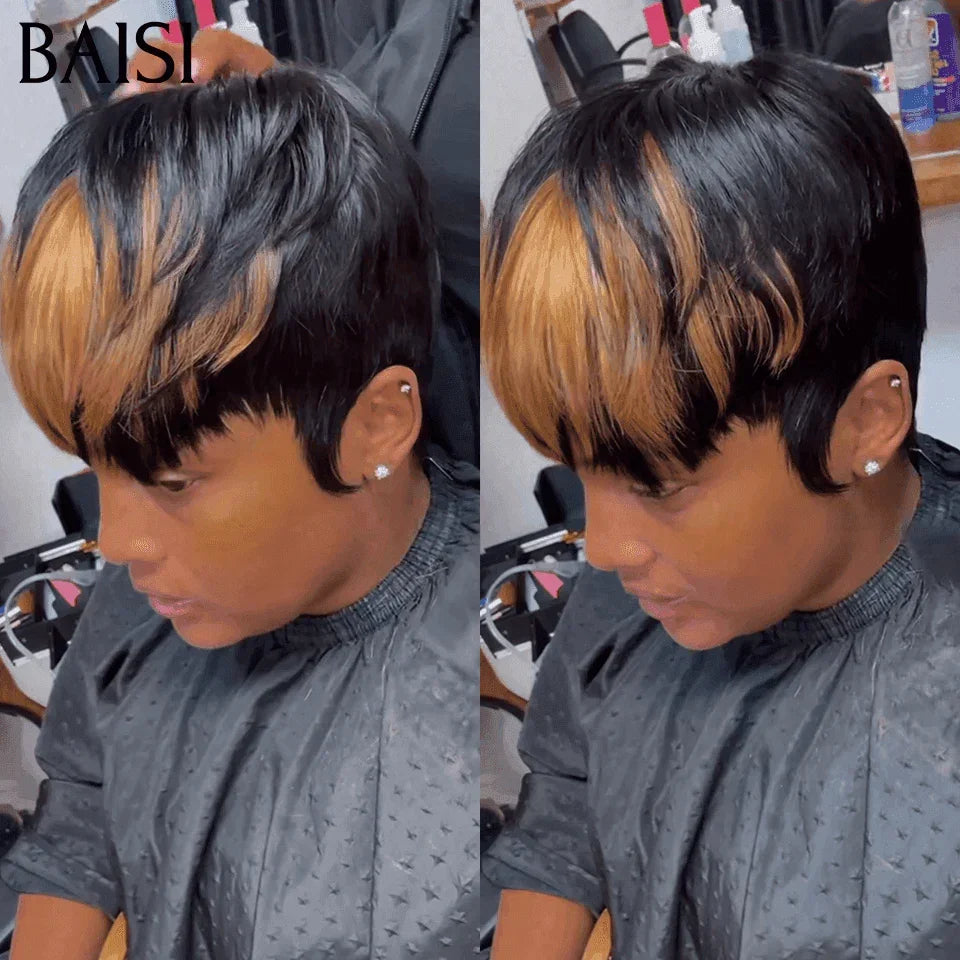 BAISI  Perruque Pixie 47€ Lisse NOIR ou Mixte sans Colle sans lace Couleurs personnalisées en 100% Cheveux Humains