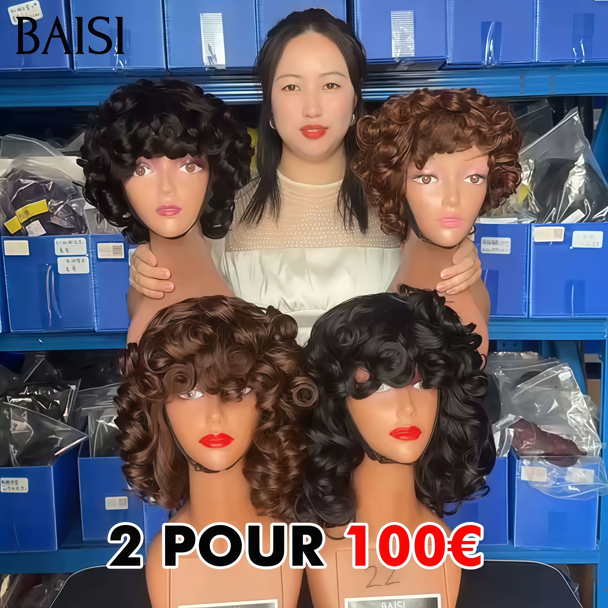 BAISI 2 Perruques 100€ 12 Pouces bouclé egg Wave avec Frange ou Volume de 300% 180€ 14 pouces  sans Colle Fabriqué à la Machine en 100% Cheveux Humains BS65