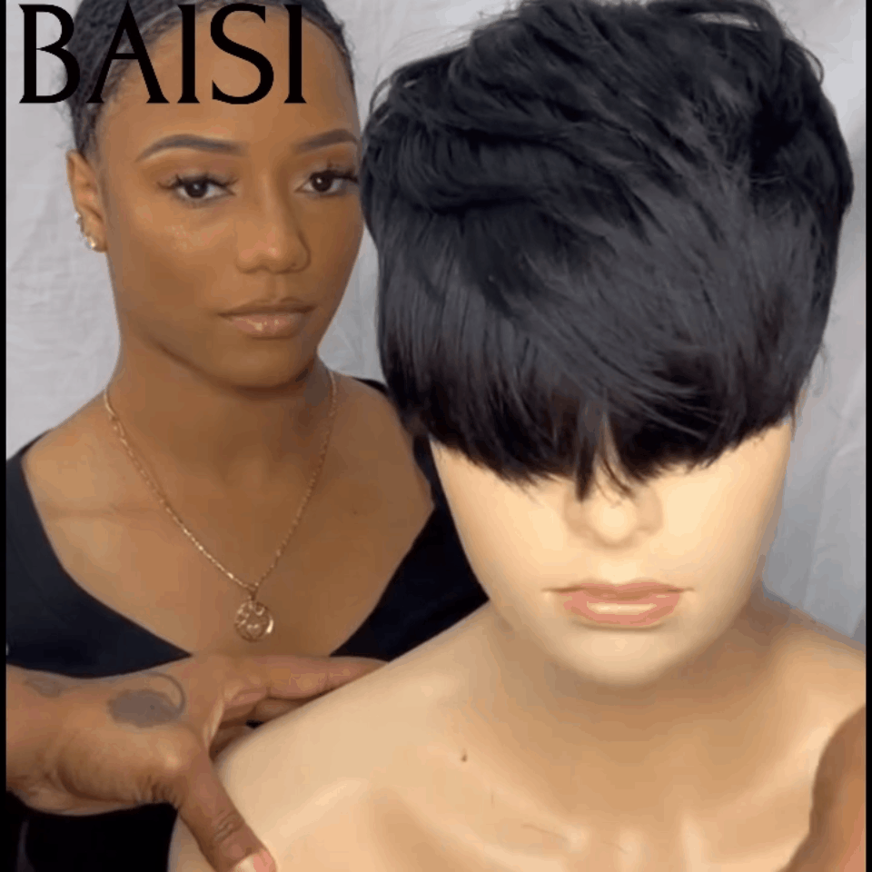 BAISI  Perruque 48€ TVA 0€ pixie en France sans Colle sans lace  en 100% Cheveux Humains