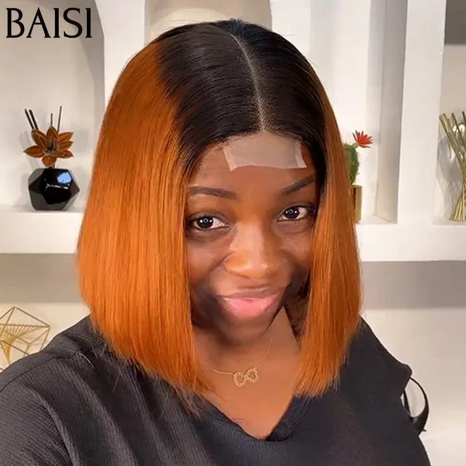 BAISI 2X6  Perruques de Luxe Haute Qualité Viêtnam Hair  Lisse BOB en Couleur  orange avec racine noir 1BT350# en 100% Cheveux Humains