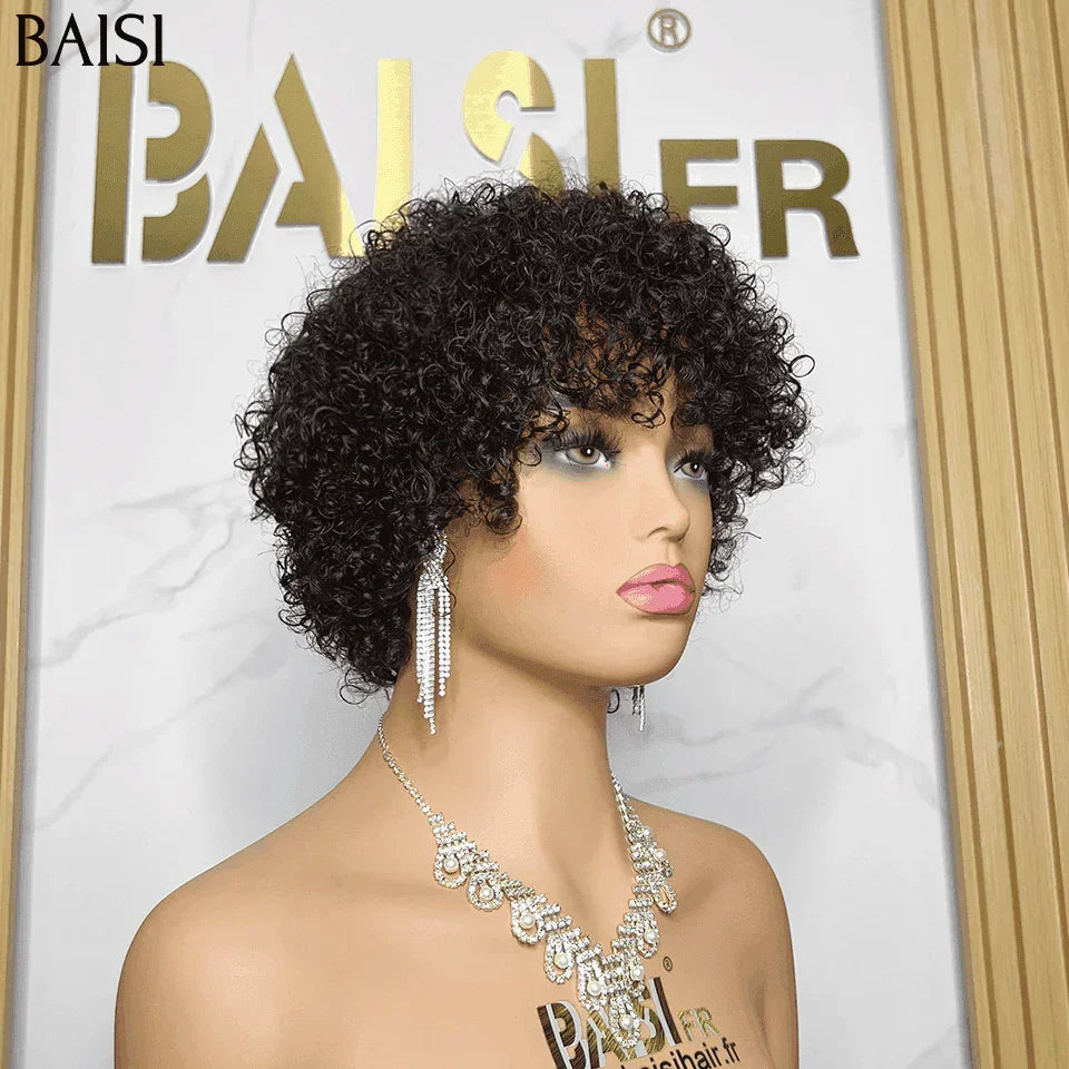 BAISI Fecho lace 4x4 Bob egg wave Castanho 10 Polegadas 69€ ou Oferta Flash 49€ Peruca pixie curly wave com franja em preto sem lace em 100% Cabelo Humano BS65