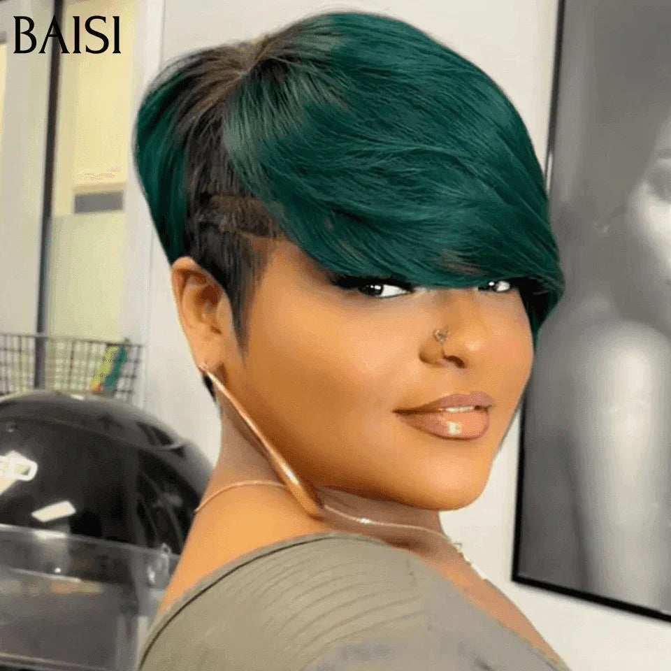 BAISI Perruque Ondulée Coupe Pixie 13X4 Frontal Perruque personnalisée Lisse en noir 48€ et Couleur Noir Mix vert 99€ en 100% cheveux humains