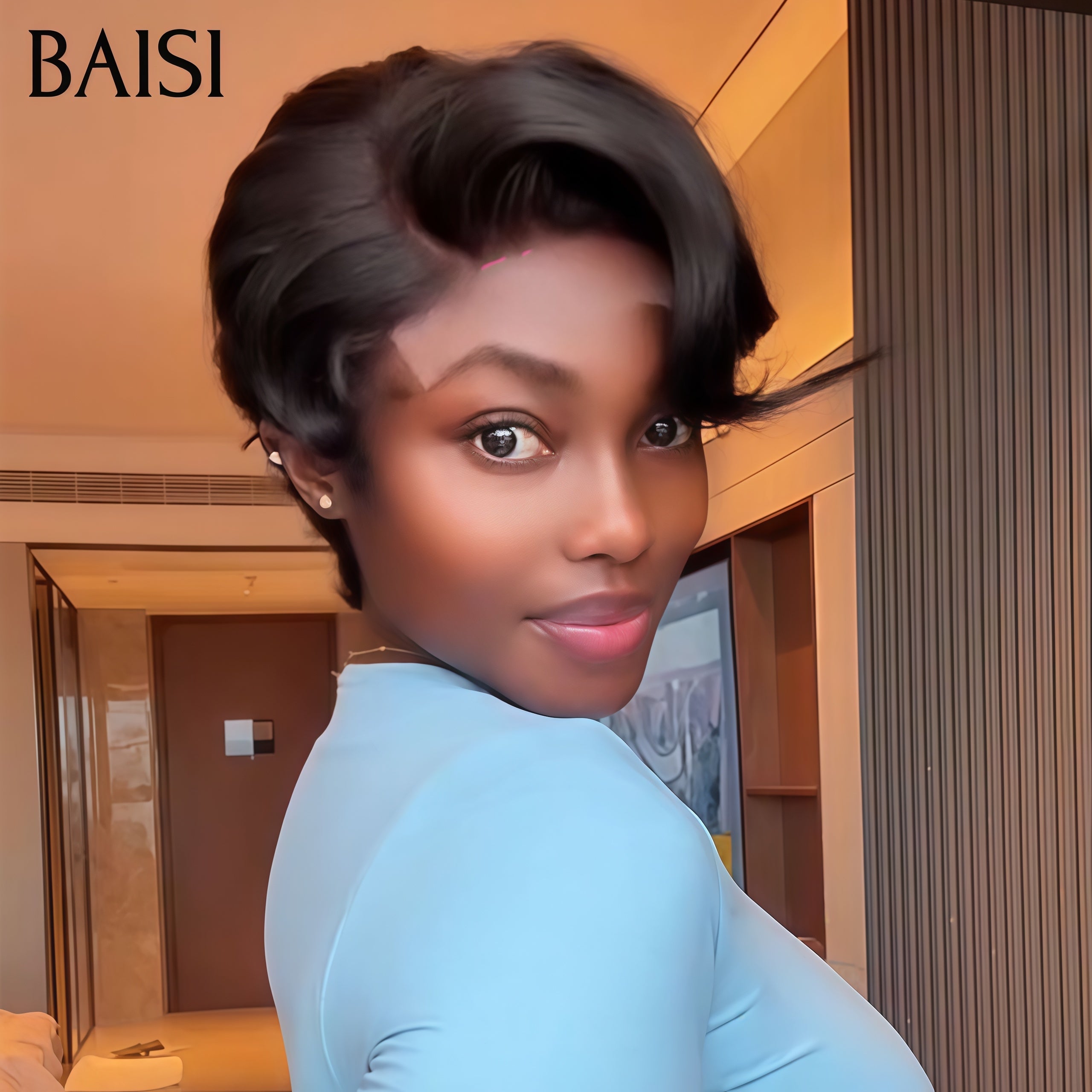 BAISI Perruque pixie avec lace frontal Bouclée 6 pouce 75€ NOIR Très bon marché En 100% Cheveux Humains