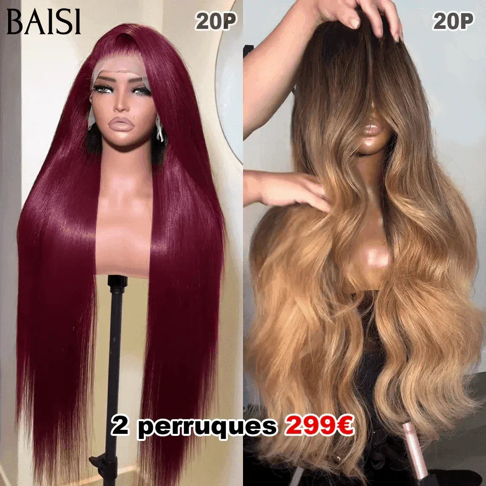 BAISI 2 Peruca 299€ 20 Polegadas em 100% cabelo humano verdadeiro 13X4 lace nas cores Castanho e Bordeaux