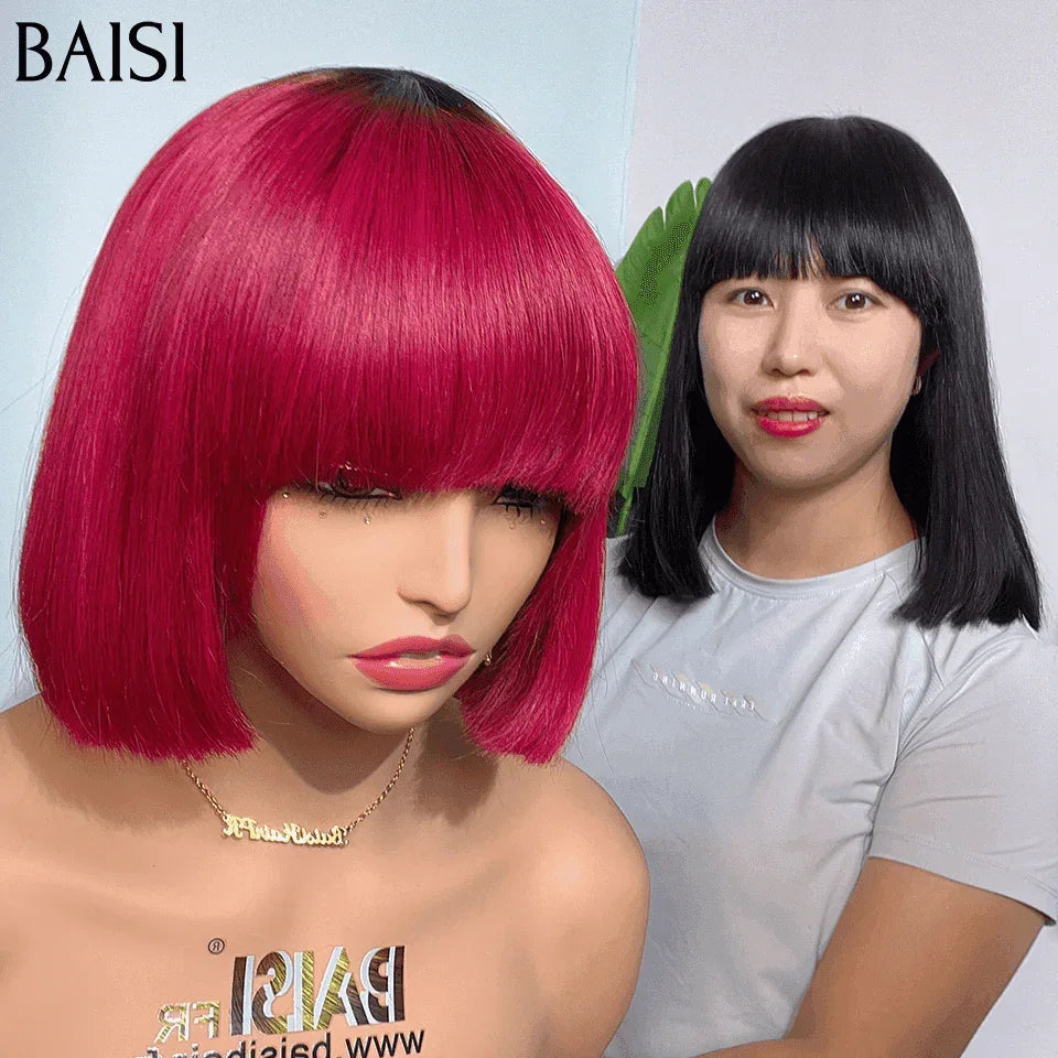 BAISI 1 Lisse Bob avec Frange 8 Pouces 59€ ou  2 bobs 130€ sans lace avec frange en Couleur noir et bordeaux 1BT99J en 100% vrais cheveux humains