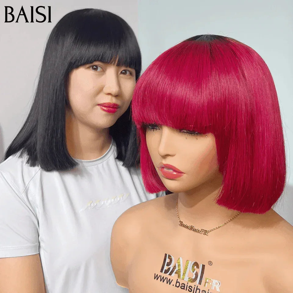 BAISI 1 Lisse Bob avec Frange 8 Pouces 59€ ou  2 bobs 130€ sans lace avec frange en Couleur noir et bordeaux 1BT99J en 100% vrais cheveux humains