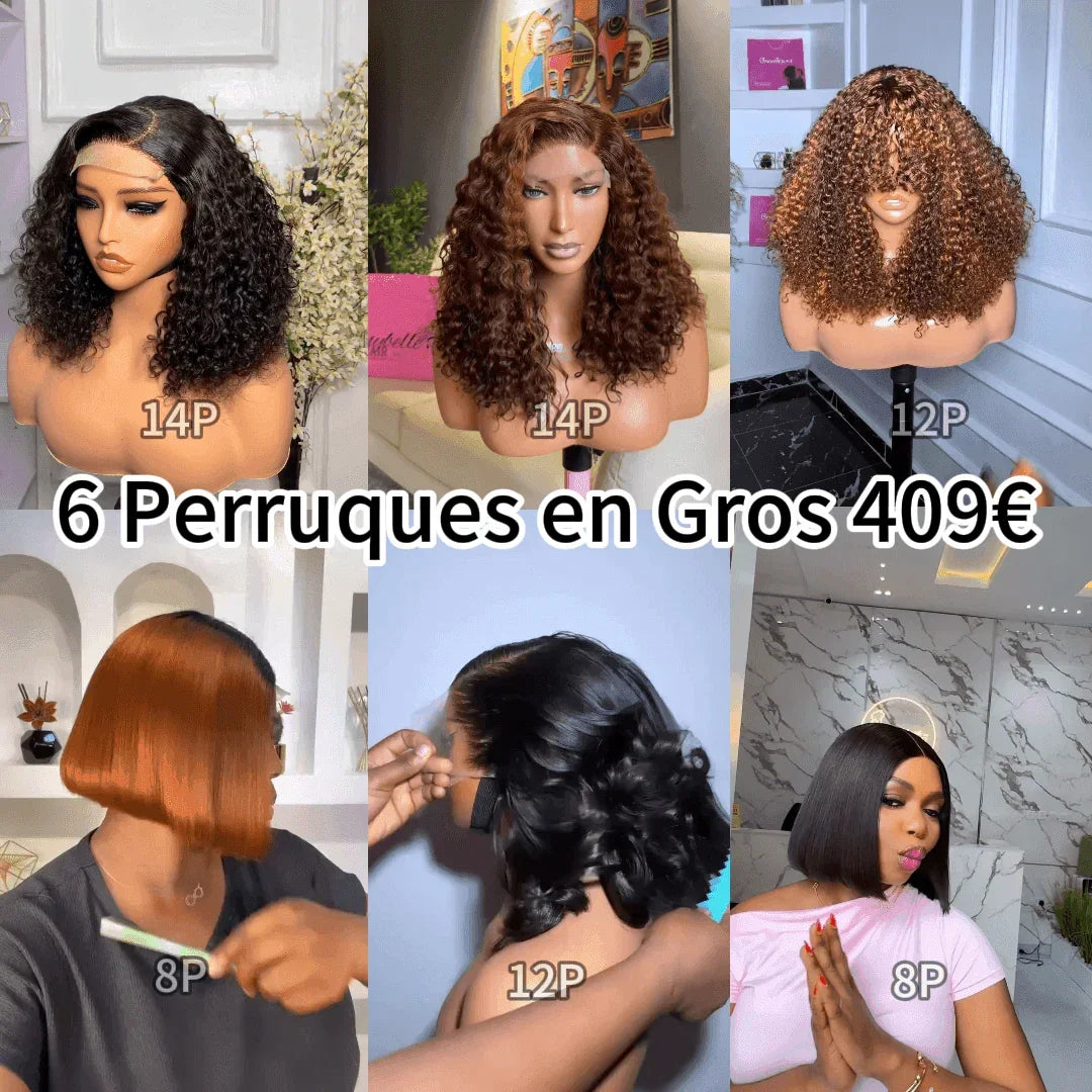 BAISI vente flash 6 Perruques 2X6 et 4X4 lace et Sans laces  BOB Lisse et curly wave en 100% vrais cheveux humains 439 euro  Code: FR38