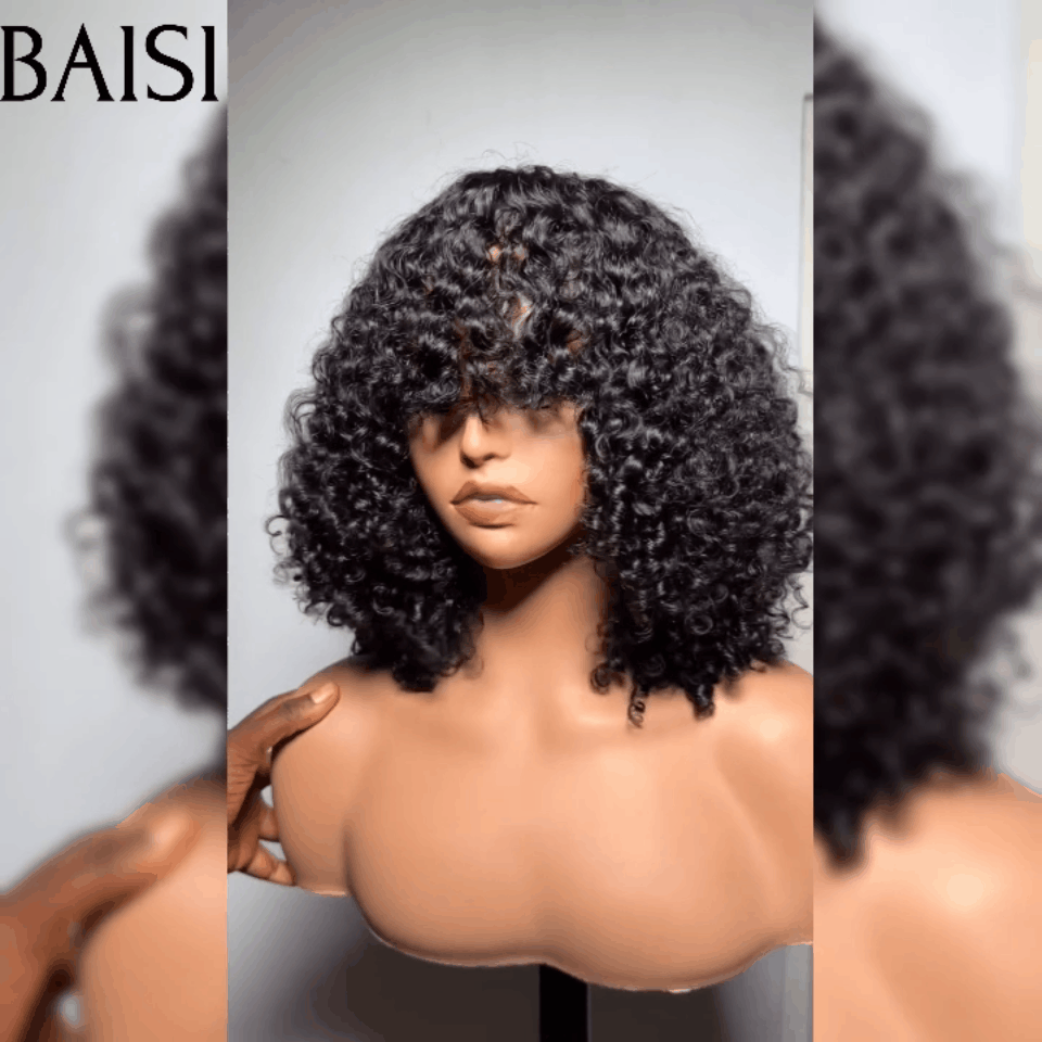 BAISI Flash Offre 84€ Perruque Curly Bouclée Avec Frange Noir Marron En 100% Cheveux Humains De Bonne Qualité  FR38