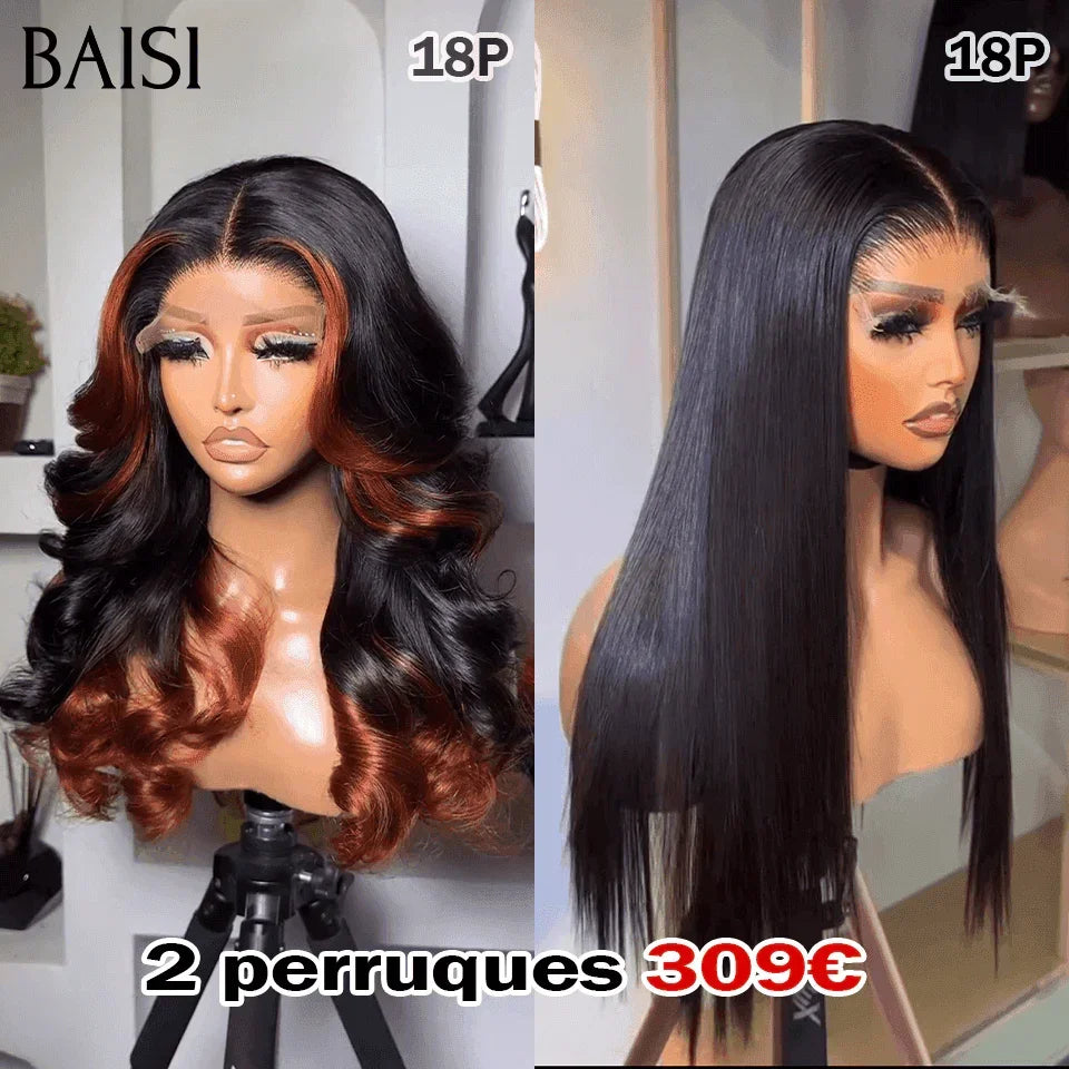 BAISI 2 Perruques 309€ 4X4  Lisse NOIR et 4X4 Boucle 18 Pouces de luxe 250% densité en 100% Cheveux Humains vietnam hair BS65