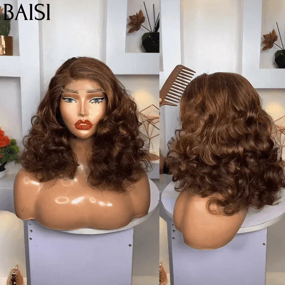 BAISI 13X4 lace  Perruque Bouclée Naturelle Wave En Couleur Marron 4# 300% Densité  en 100% Cheveux Humains