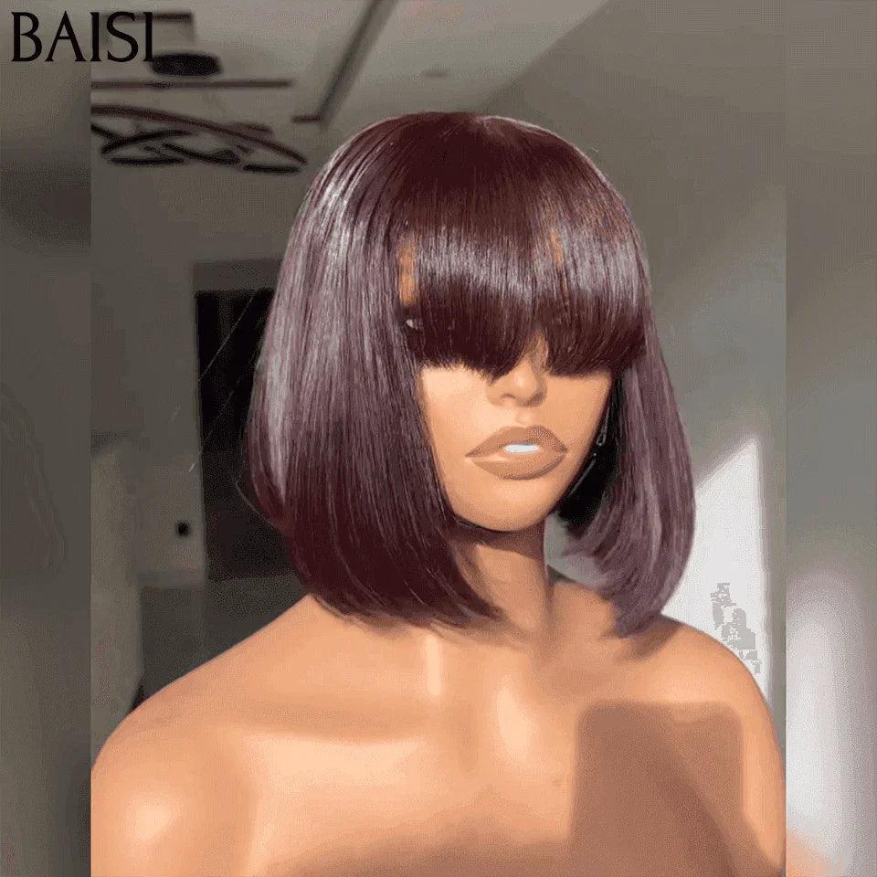 BAISI Achetez 2 perruques minimum au prix d'usine fournisseur  13x4 Lace Frontal Perruque Lisse Rouge Bordeaux Avec Frange en 100% Cheveux Humains (Pas Besoin de Code)