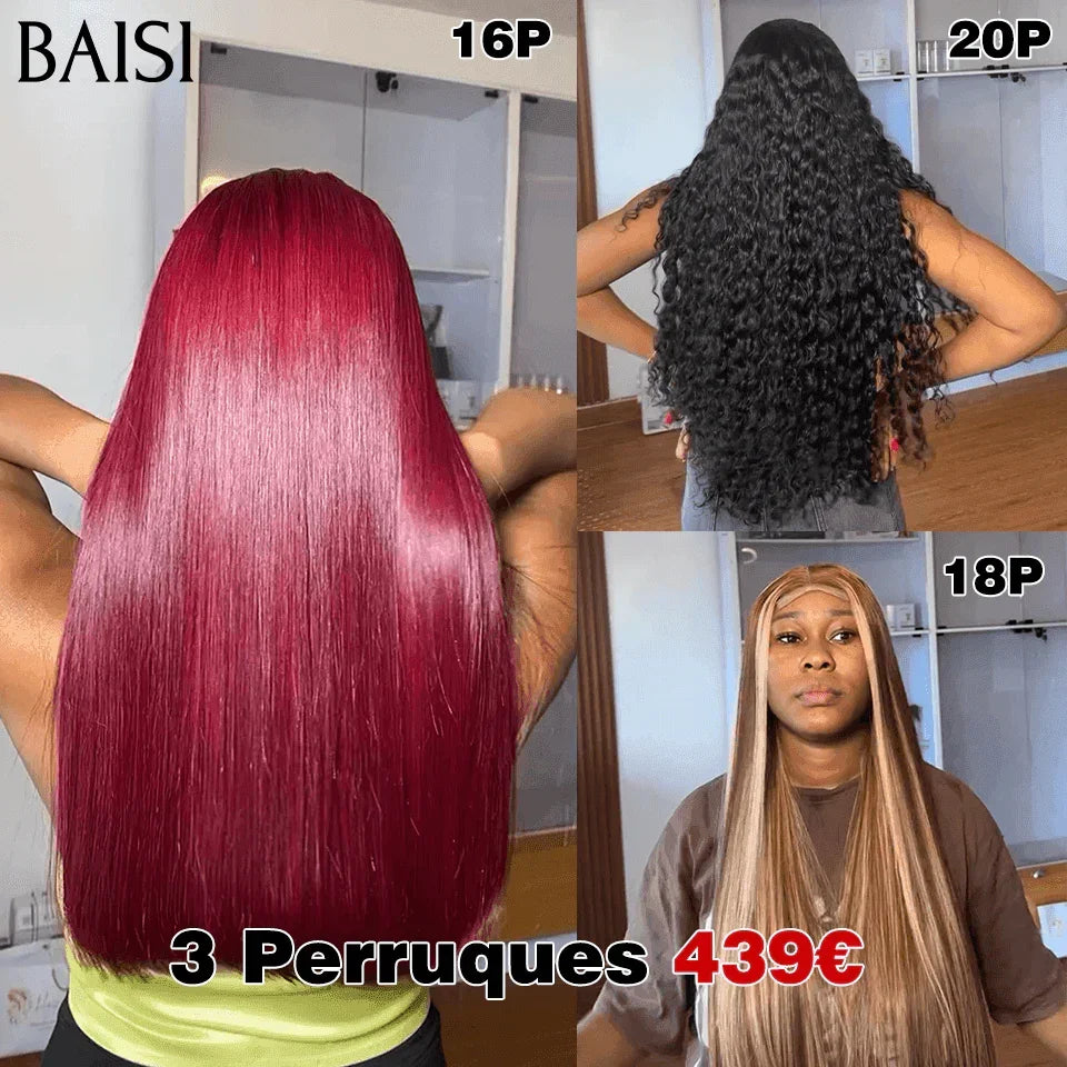 BAISI 3 Perruques 439€ 4X4 lisse 99J et Mixte 4#27# de luxe et  curly wave 250% densité en 100% Cheveux Humains BS65