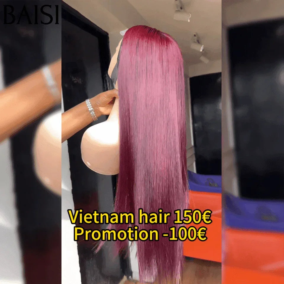 BAISI 4X4 lace PerruqueLisse 18 Pouces En couleur Bordeaux  99J# en 100% Raw Hair BS65