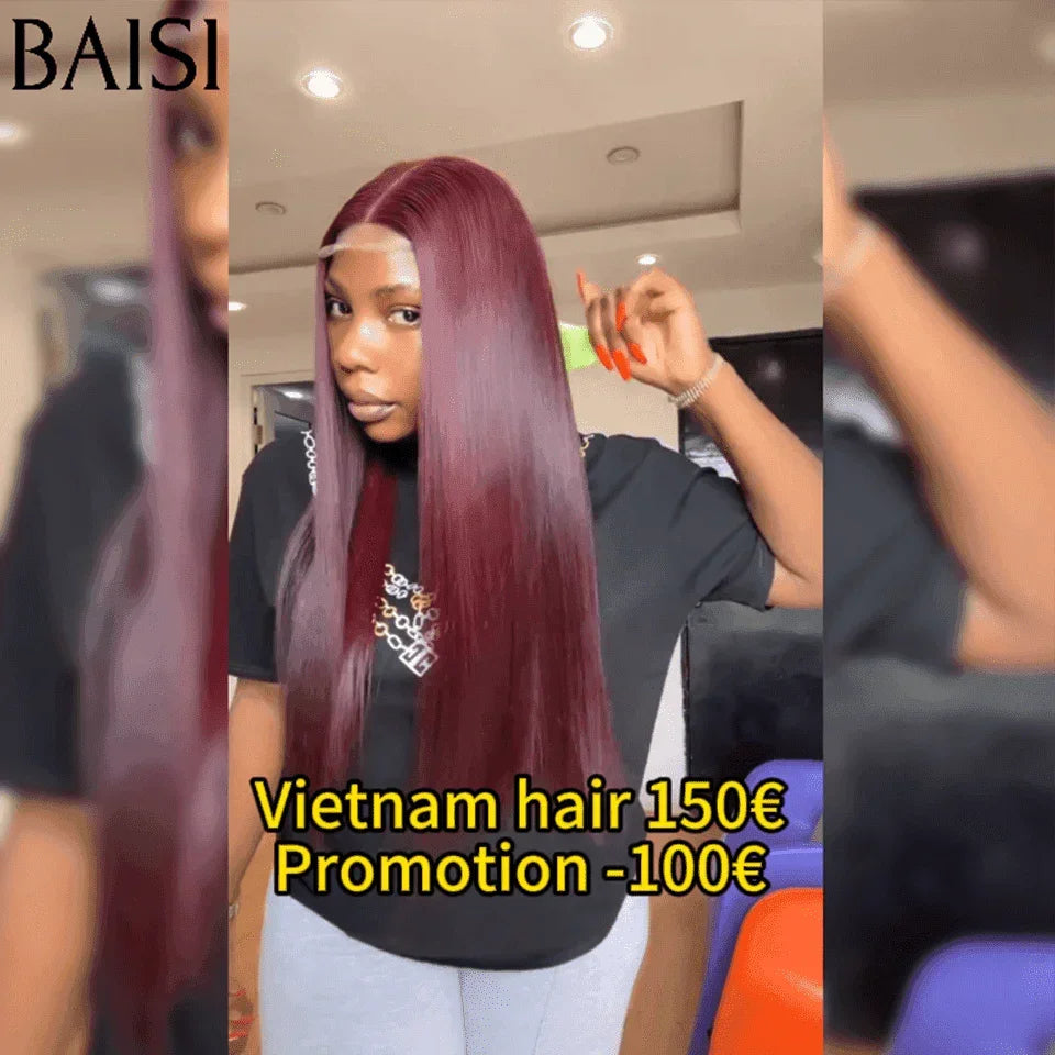 BAISI 4X4 lace PerruqueLisse 18 Pouces En couleur Bordeaux  99J# en 100% Raw Hair BS65