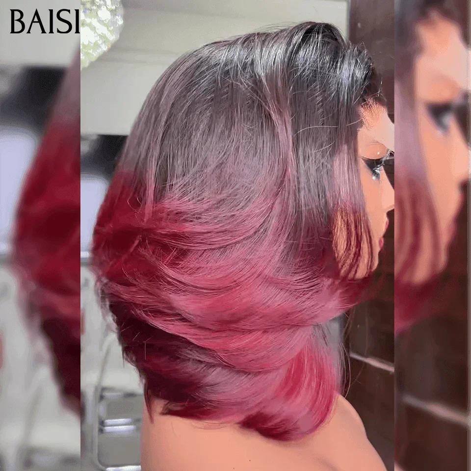 BAISI Lace 2X6 closure Perruque Lisse Tout Rouge Bordeaux 99J# 12 Pouces DE luxe en 100% Cheveux Humains MP50