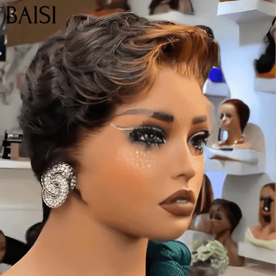 BAISI Offre Flash 83€ 13X4 lace Frontal Perruque Pixie vague En Couleur noir mixte miel en 100% Cheveux Humains FR38