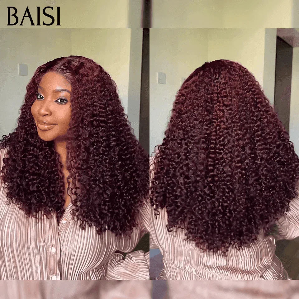 BAISI Perruques de Luxe 4x4 Lace Perruque 250% de volume water wave en couleur Bordeaux #99J en 100% Cheveux Humains