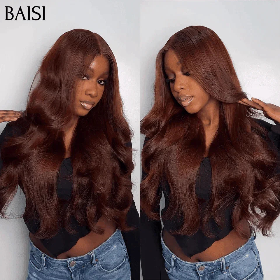 BAISI  13X4 Peruca BODY WAVE Castanho 4# Sem Cola Pré-penteada Não Precisa de Cola Lace já cortada 100% cabelo humano verdadeiro