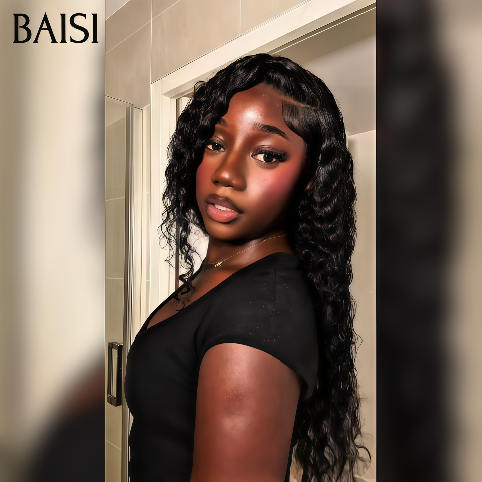 BAISI PROMO BLACK FRIDAY 13X4 lace frontal parrucca water wave NERO in 100% capelli umani