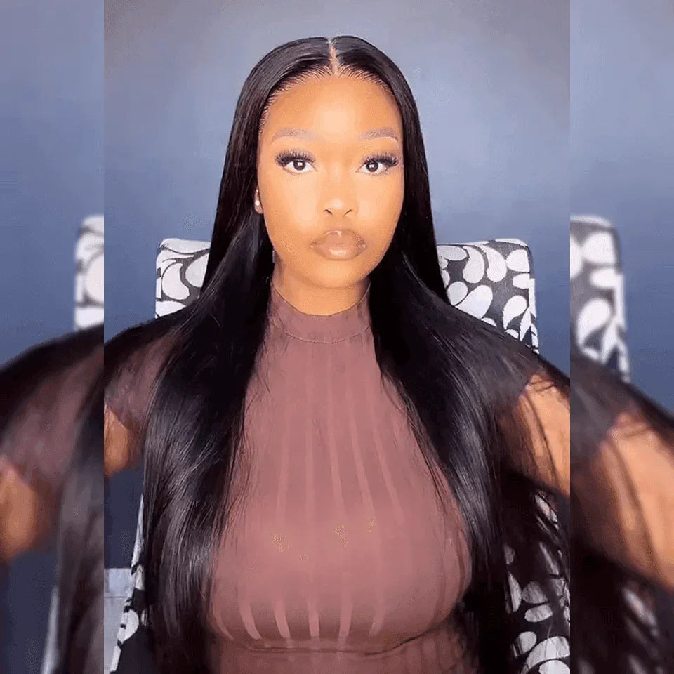 BAISI 13x6 Frontal Straight Glueless Wig Pre-Plucked No Glue Needed in 100% Raw Hair Lace Already Cut C