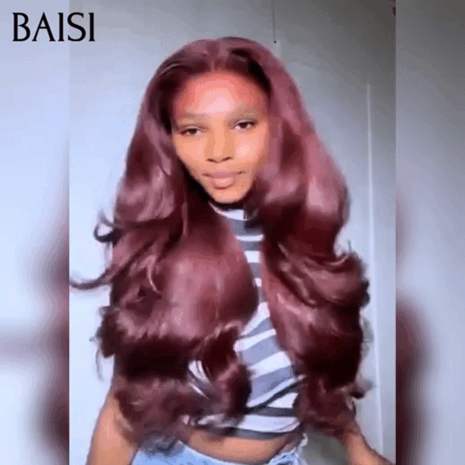 BAISI 13x4 Perruque Body Wave En couleur Bordeaux #99J Sans Colle Lace déjà couper Facile à Porter en 100% Cheveux Humains