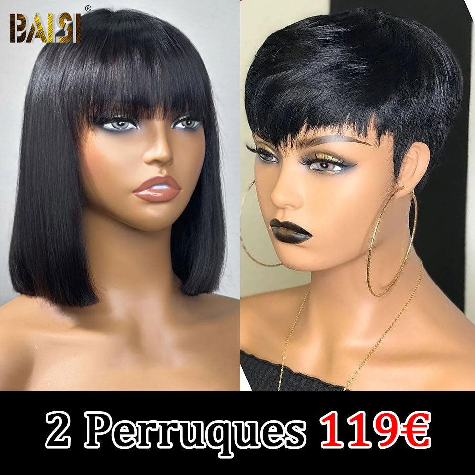 BAISI Promoção limitada: compre 1 + 1 grátis, renda lisa 2x6 de 10 polegadas castanho e preto ou 2 perucas por 119€ em 100% cabelo humano verdadeiro