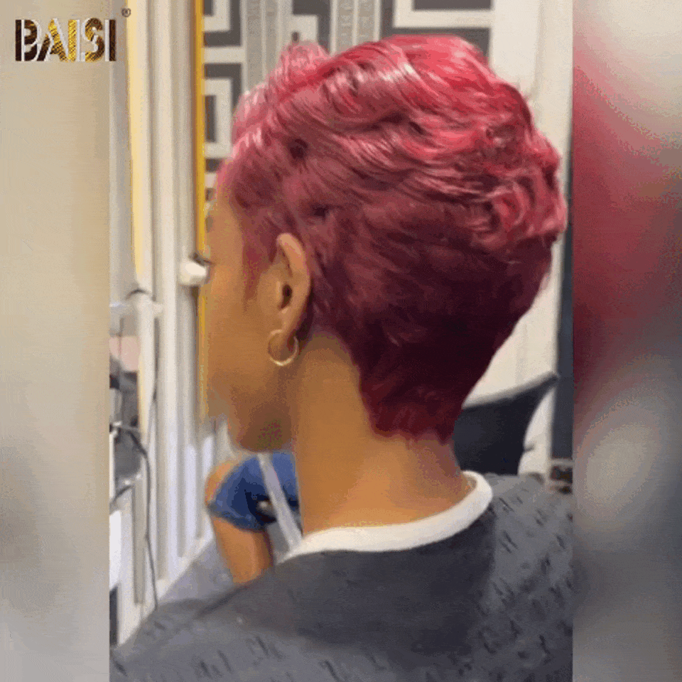BAISI  Perruque Pixie bouclé  petite coupe en couleur bordeaux 99J# 6 pouces 80€ En 100% Cheveux Humains