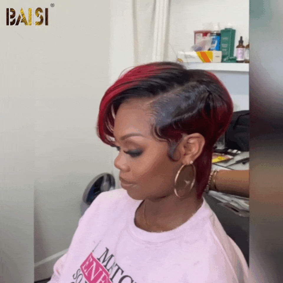 BAISI Perruque Full Lace 100% Cheveux Naturels Perruque Ondulée Coupe Pixie Full Lace Perruque personnalisée Lisse en Couleur Noir Mix  Bordeaux 1B#99J#  en 100% cheveux humains
