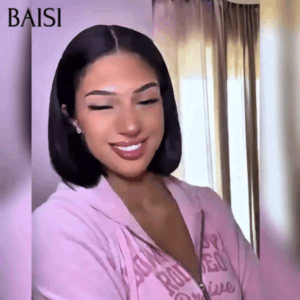BAISI  Perruque Carrée 13X4  Lisse NOIR BOB Pré-plucked Pas Besoin de Colle en 100% Raw Hair Lace déjà couper